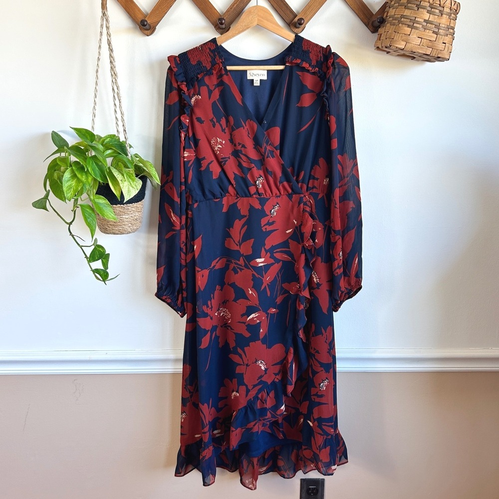 52seven Navy Blue Red Floral Ruffle Faux Wrap Midi Dress 10P Fall Dress Career